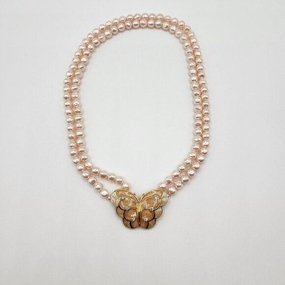Vintage KJL For Avon Faux Pearl, Enamel Butterfly Necklace - Picture 2 of 12